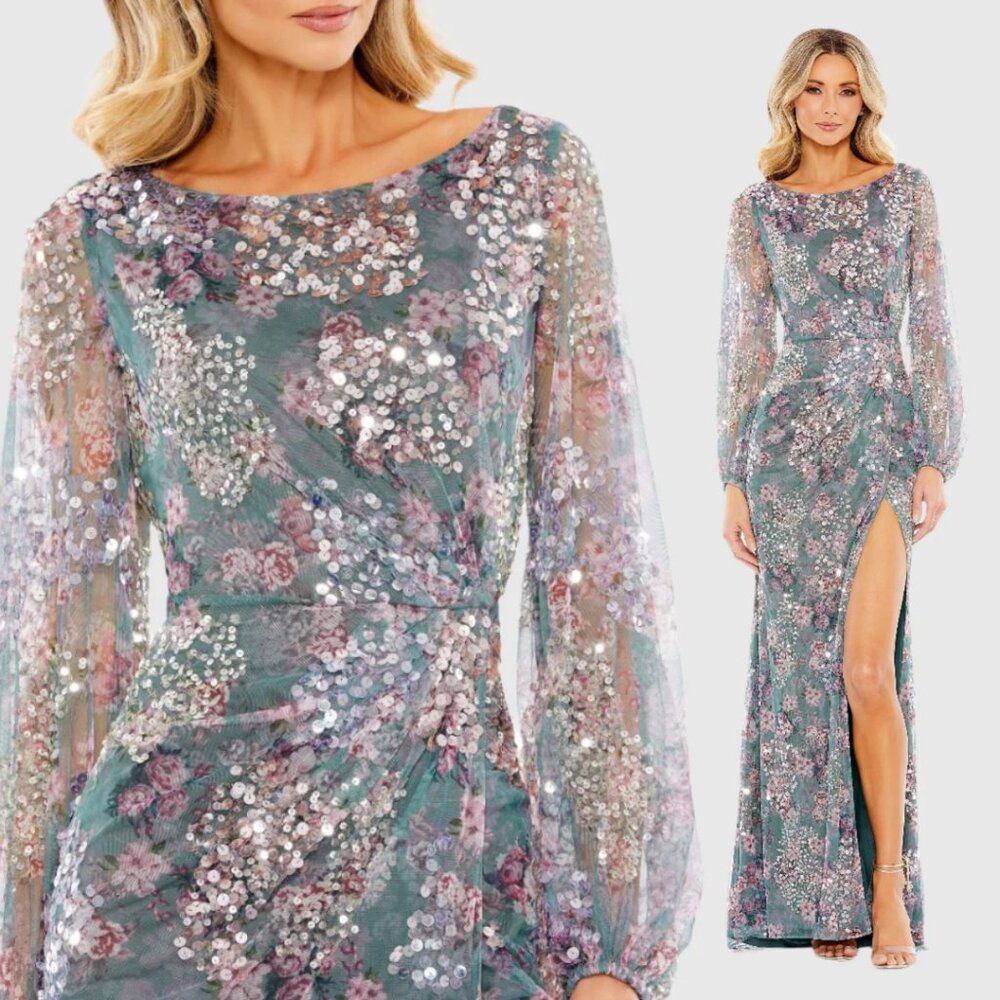 Mac Duggal 93750 Size 16 Blue Gray Pink Floral Long Sleeve‎ Gown Maxi Dress